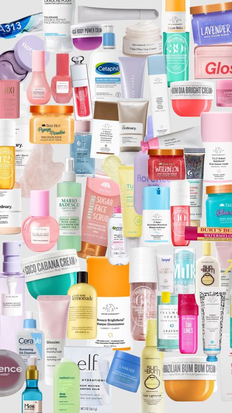 Never too much skincare ;)#skincare #collage Skin Care Collage, Skincare Collage, Kawaii Skincare, Flawless Skin Routine, Aesthetic Brands, Skincare Obsession, Unrealistic Wishlist, Skincare Wishlist, Organization Aesthetic