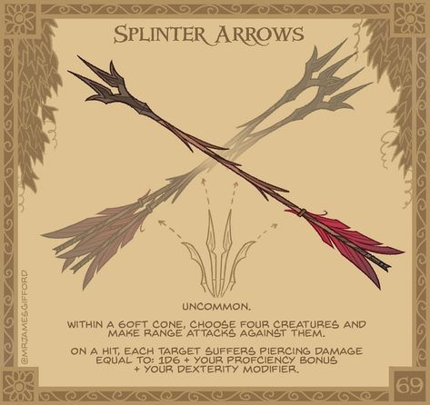 James Gifford on Instagram: “69. Splinter Arrows 🏹🎯🎯🎯🎯- The head of this difficult to make arrow splits as it flies through the air. A favourite amongst rangers who…” Dnd Arrows, James Gifford, Homebrew Items, Dnd Stats, Dnd Stories, Dungeons And Dragons Memes, Dungeon Master's Guide, Dungeons And Dragons 5e, D D Items