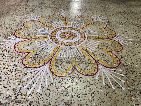 Oil paint # floor #design #festival Paint Rangoli Designs On Floor, Rangoli With Paints On Floor, Diwali Puja Floor-length Saree, Paint Muggulu On Floor, Oil Paint Rangoli On Floor, Simple Mehndi Designs Fingers, Simple Mehndi Designs, Painted Floors, Rangoli Designs