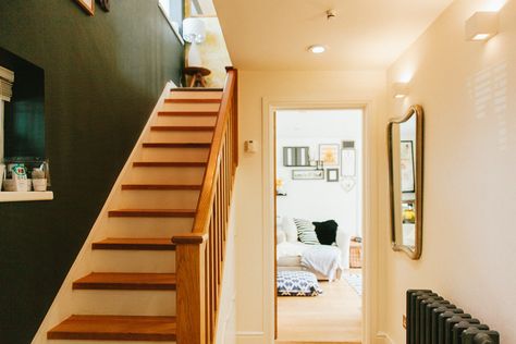 Council House Makeover, 1950 House, White Kitchen Cupboards, Relaxed Home, Landing Ideas, Slate Hearth, Council House, 1950s House, Farrow And Ball Paint