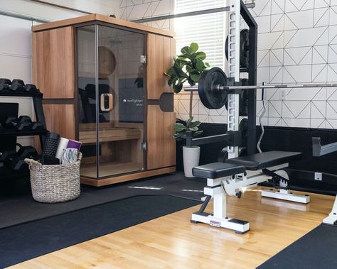 Convert Garage To Home Gym, Single Car Garage Gym, Morning School Routine, Jenny Reimold, Stylish Garage, Basement Sauna, Basement Home Gym, Basement Gym Ideas, Gym Designs