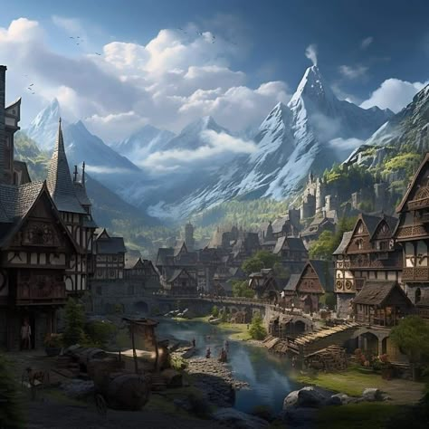 Mountain Village Fantasy Art, Fantasy Village, Mountain Aesthetic, Mountain City, Mountain Village, Fantasy City, Fantasy Places, Concept Art Drawing, Fantasy Art Landscapes