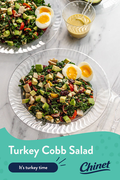 Light and yummy, our turkey cobb salad is perfect for using Thanksgiving leftovers. Turkey Cobb Salad, Chopped Cobb Salad, Bacon Grilled Cheese Sandwich, Bacon Grilled Cheese, Turkey Time, Turkey Recipes Thanksgiving, Hearty Salads, Thanksgiving Leftovers, Leftover Turkey