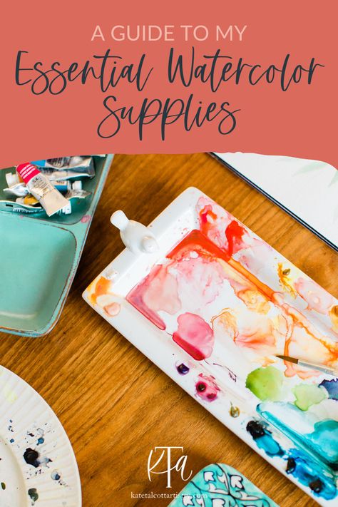 Are you ready to up-level your watercolor supplies? When I first started, I didn’t know where to begin, so I found a list like this and started exploring. In this blog post, I’ll share a little bit about the types of supplies you need to get started with watercolor. Read on to learn more about my essentials and download my free supply list! Watercolour Supplies, Watercolor Essentials, Painting Supplies List, Paint Trays, Travel Art Kit, Watercolor Supplies, Liquid Paint, Learn Watercolor Painting, Calligraphy Ink