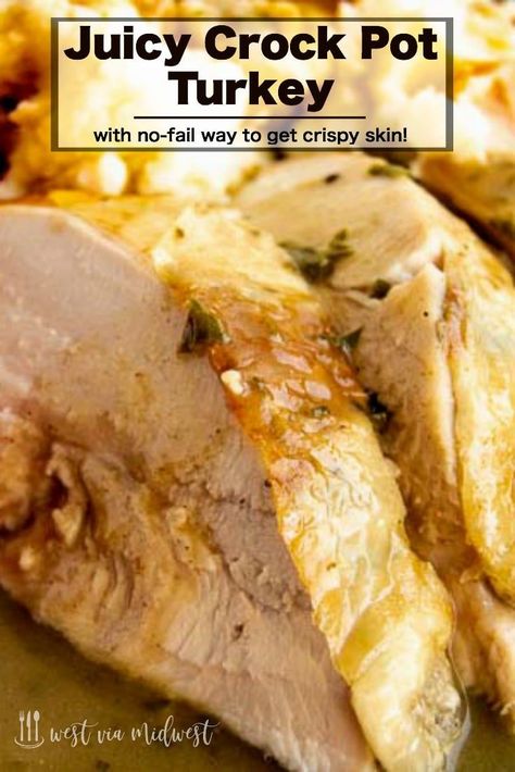 Pulled Turkey, Turkey Breast Crockpot, Herbed Butter, Slow Cooker Turkey Breast, Golden Skin, Crockpot Turkey, Slow Cooker Turkey, Turkey Breast Recipe, Turkey Dishes