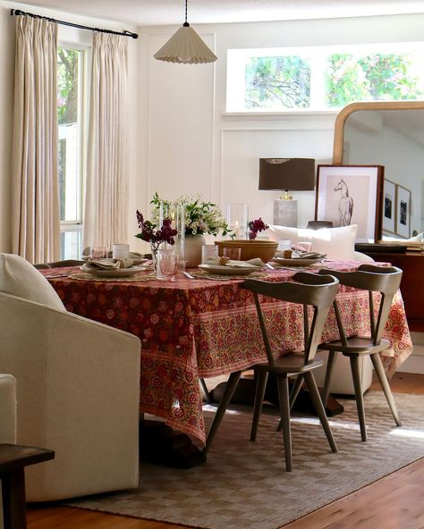 A tablescape blooming in color 💐 Crafted in the rich tradition of Indian block printing, our Annalise Tablecloth is made by artisans who use carved wood to press floral motifs onto pure cotton. @Steviemaxine paired it with our rattan chargers and Mason Dinnerware to complete her inviting summer table. #MyPotteryBarn Indian Block Printing, Rattan Charger, Summer Table, Summer Tables, Indian Block Print, Color Crafts, Block Printing, Floral Motifs, Instagram Inspiration