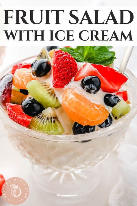 A bowl of ice cream with fruit salad over the top Fruit And Ice Cream Desserts, Fruit Salad With Ice Cream, Homemade Fruit Salad, Summertime Meals, Peach Recipes, Themed Dinner, Fruit Ice Cream, Food Freedom, Canned Fruit