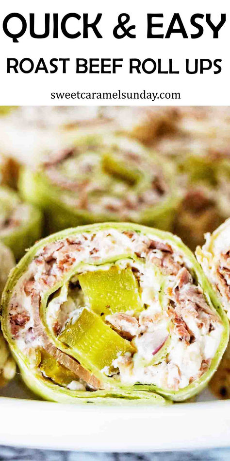 Green tortilla roll up with roast beef and pickle filling on white plate. Deli Roast Beef Appetizers, Roast Beef Tortilla Roll Ups, Deli Roast Beef Recipes Dinners, Ham Tortilla Roll Ups, Meat And Cheese Roll Ups, Pickle Tortilla Roll Ups, Roast Beef Appetizers, Rollups Appetizers, Roast Beef Pinwheels