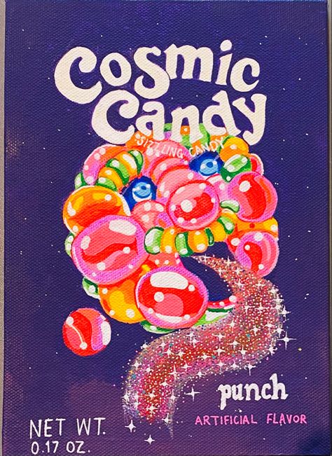 Space dust art Retro Candy Aesthetic, Cosmic Packaging, Candycore Aesthetic, Trippy Acrylic Painting, Dust Painting, Sweet Wrappers, Nerds Candy, Space Dust, Candy Poster