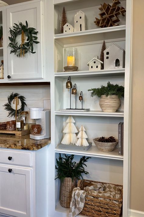 Built Ins Christmas Decor, China Hutch Christmas Decor, Vintage Christmas Bookshelf Decor, Christmas Bookshelf Styling, Christmas Decor On Bookshelves, Christmas Decorated Shelves, Christmas Decor For Bookshelves, Kitchen Shelves Christmas Decor, Kitchen Shelf Christmas Decor