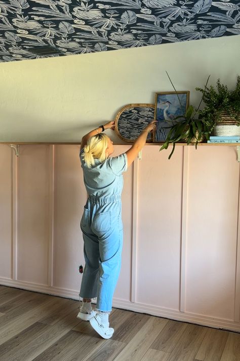 Easy DIY Board and Batten Wall with Shelf - Blushing Bungalow | So Cute You'll Blush ☺️ Board And Batten Accent Wall With Shelf, Board And Batten Wall With Windows, Board And Batten Wall With Shelf, Batten Wall With Shelf, Simple Board And Batten Wall, Simple Board And Batten, Blushing Bungalow, Diy Board And Batten Wall, Board And Batten Accent Wall