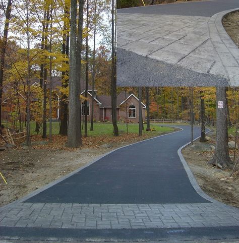 New asphalt driveway with a stamped concrete apron and border. Easy Garden Ideas Landscaping, Driveway Edging, Stamped Concrete Driveway, Long Driveway, Asphalt Driveway, Driveway Paving, Driveway Ideas, Driveway Entrance, Driveway Design