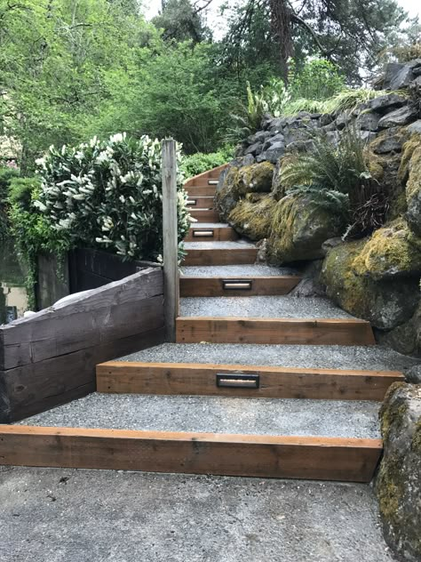 Outside Steps, Outside Stairs, Sloped Backyard Landscaping, Landscape Stairs, Landscape Steps, Landscaping On A Hill, Backyard Design Ideas, Sloped Backyard, Landscaping Retaining Walls