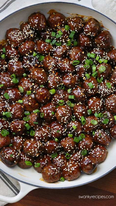 Slow Cooker Korean Meatballs, Sticky Meatballs Crockpot, Thai Chili Meatballs Crockpot, Sesame Meatballs, Saucy Meatballs, Daily Yum, Bacon Pasta Salad, Meatball Dishes, Asian Meatballs