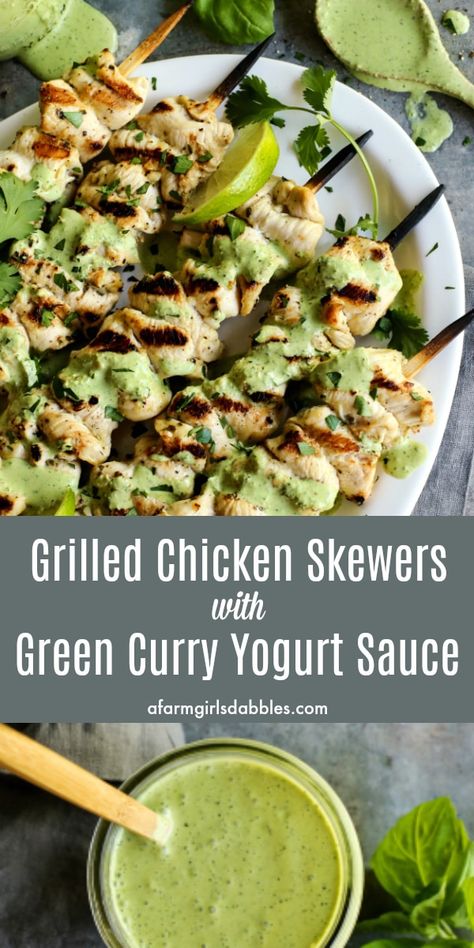 Grilled Chicken Skewers with Green Curry Yogurt Sauce from afarmgirlsdabbles.com - Flavorful marinated chicken is threaded onto skewers and grilled to perfection. Served with a green curry yogurt sauce that is bursting with fresh herbs. #chicken #skewers #kebabs #grilling #grilled #curry #greencurry #yogurt #sauce Green Curry Sauce, Green Curry Chicken, Grilled Chicken Skewers, Yogurt Sauce, Green Curry, Chicken Skewers, Grilled Chicken Recipes, Curry Sauce, Kebabs