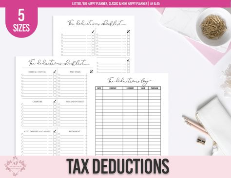 "Tax Deductions Log, Tax Deductions Tracker, Tax Time Deductions, Personal Deductions, Printable Happy Planner Insert ► WHAT'S INCLUDED: - Tax Deductions Log Printable Planner Insert in 5 sizes ►Format -You will get 5 PDF files in a ZIP ► SIZE: - A4 - 8.26\" x 11.69\" / 210 x 297mm - Letter Size- 8.5\" x 11\" / 215.9 x 279.4 mm - Big Happy Planner -8.5\" x 11\" / 215.9 x 279.4 mm - Classic Happy Planner - 7\" x 9.25\" / 117.8 x 234.9 mm - Mini Happy Planner - 4.5\" x 7\" / 114.3 x 117.8 Visit Th Big Happy Planner, Budgeting Tools, Tax Time, Classic Happy Planner, Budget Envelopes, Cash Envelope System, Envelope System, Mini Happy Planner, Medical Dental