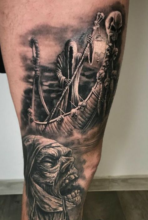 Grim Reaper Leg Sleeve, Underworld Tattoo Ideas, Charon The Ferryman Tattoo, The Ferryman Tattoo, Ferryman Tattoo, Charon Tattoo, Underworld Tattoo, Time Piece Tattoo, Angel Sleeve Tattoo