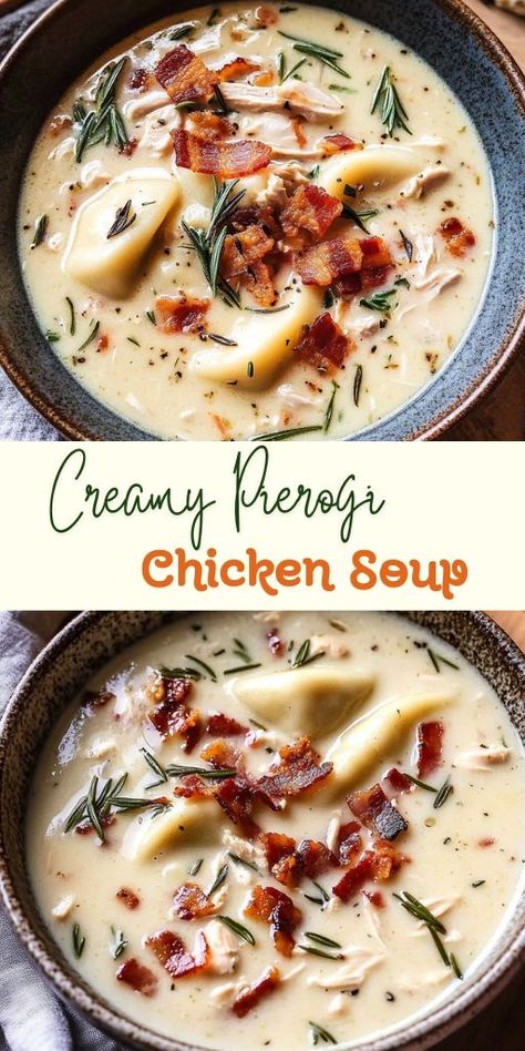 🥣 Warm up with Creamy Pierogi Chicken Soup with Rosemary Bacon—a comforting and hearty dish that's perfect for chilly days! This delightful soup combines tender chicken, flavorful pierogi, and crispy rosemary bacon in a rich, creamy broth. It's a delicious twist on traditional flavors that will warm your soul and satisfy your appetite.  👉 Try this easy pierogi chicken soup recipe today and enjoy a bowl of comfort!  #PierogiChickenSoup #ComfortFood Pierogi Soup Recipe, Soup With Rosemary, Pierogi Recipe, Chicken Soup Recipe, Bacon Soup, Soup And Stew, Chicken Soup Recipes, Creamy Chicken, Chicken Soup