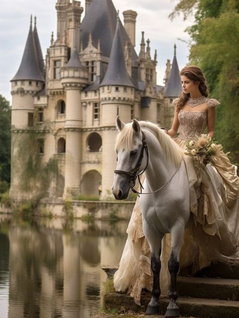 A woman dressed as a princess with her trusted white horse, enamored by the regal ambiance of the castle's forefront, the scene perfectly suited for Pinterest boards dedicated to capturing the ethereal relationship between noble steeds and their graceful riders, nestled in a landscape of fairy-tale dreams. Princess Horse Riding, Princess And Horse, Jenifer Winget Attitude Pic, Princess Horse, Aesthetics Pics, Disney Horses, Horse Photography Poses, Princess Vibes, Fairytale Aesthetic