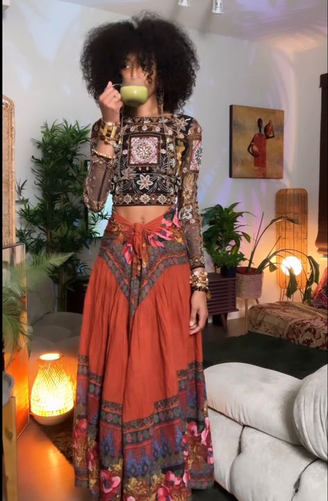 Bohemian Fashion Aesthetic, Professional Earthy Outfits, Bohemian Vibes Aesthetic, Fairy Everyday Outfit, Bohemian Style Clothing Black Women, Earthy Alternative Outfits, Alternative Vacation Outfits, Modest Bohemian Outfits, Modest Earthy Black Woman Aesthetic