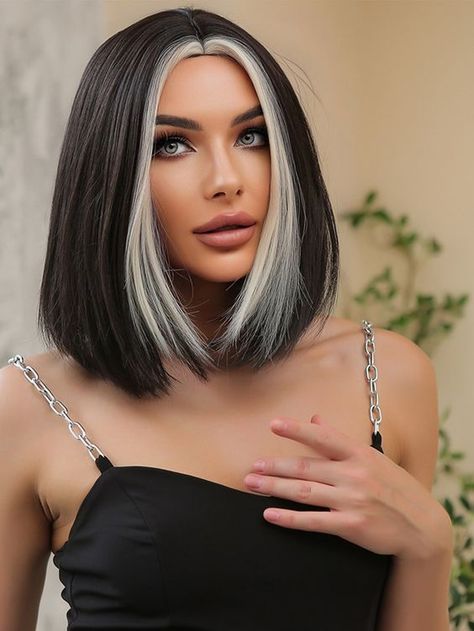 3023 Hair Trends, Below Shoulder Length Hair Straight Layers, Black And Silver Short Hair, Black And Silver Hair Short, Black Hair With Platinum Highlights, Blonde Money Piece Dark Hair, Peak A Boo Hair Color, Skunk Streak Hair, Black Grey Hair