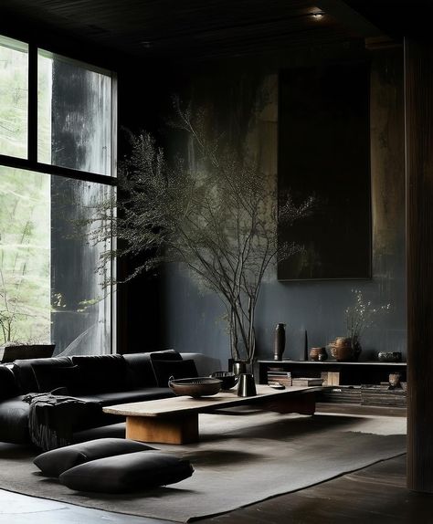 Dark Minimalism Aesthetic, Dark Minimalist Interior, Black Wabi Sabi Interior, Dark Wabi Sabi, Dark Moody Japandi, Wabi Sabi Mountain Home, Wabi Sabi Dark Interior, Alpine Interior, African Buildings