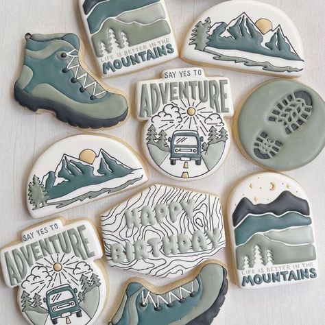 Hiking Cookies Decorated, Nature Cookies Decorated, Mountain Wedding Cookies, Mountain Cookies Decorated, Mountain Sugar Cookies, Hiking Cookies, Bachelor Cookies, Adventure Cookies, Mountain Cookies