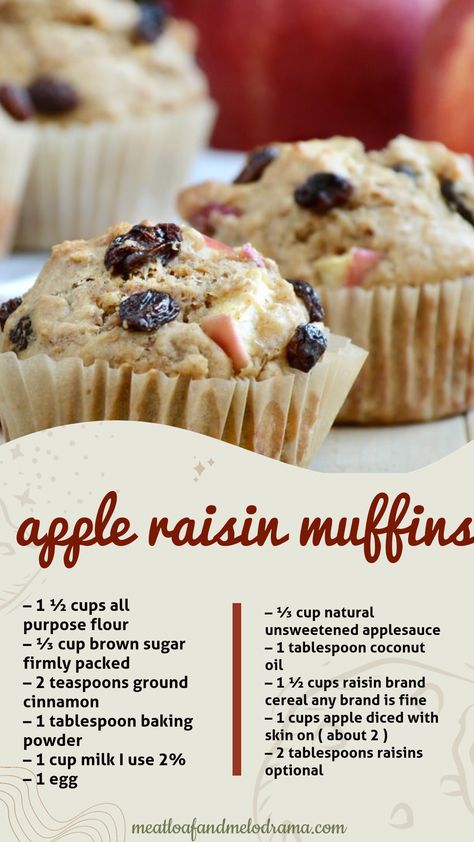 image Recipe: Apple Raisin Muffins are filled with sweet bites of raisins and apples and a hint of cinnamon. They’re perfect for… Recipes With Raisins Baking, Raisin Desserts, Recipes With Raisins, Homemade Raisins, Muffins Cinnamon, Muffins Apple, Mini Bundt Cakes Recipes, Raisin Muffins, Cinnamon Cereal