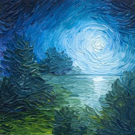 Painting Of Trees, Painting River, Arte Indie, Arte Van Gogh, Moon Painting, Impasto Painting, Palette Knife Painting, Knife Painting, Painting Art Projects