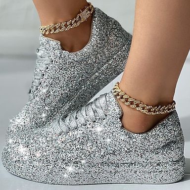 Women's Sneakers Plus Size Height Increasing Shoes Slip-on Sneakers Outdoor Daily Solid Color Summer Sequin Wedge Heel Round Toe Casual Minimalism Walking Mesh Loafer Silver Black Gold 2024 - ZAR R452 Party Shoes Women, Sparkly Sneakers, Bling Sneakers, Rhinestone Sneakers, Galaxy Shoes, Diamond Shoes, Sequin Flats, Jeweled Shoes, Sparkle Shoes