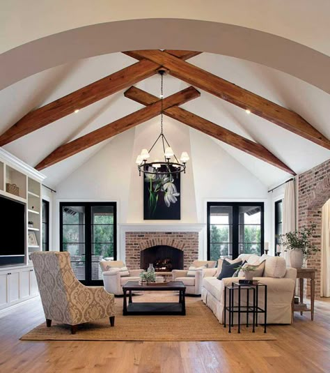 Cross Beams Vaulted Ceiling, Vaulted Ceiling With Wood Beams Lighting, X Ceiling Beams, Exposed Beams Cathedral Ceiling, Vaulted Ceiling With Collar Ties, Large Vaulted Ceiling Living Room, Floating Beams Vaulted Ceiling, Beams Living Room Vaulted, Cathedral Ceiling Beams Living Room