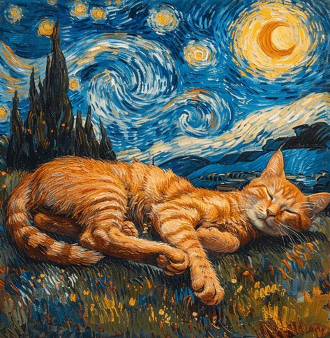 Art Piece inspired by Van Gogh In this Van Gogh-inspired painting, an orange cat relaxes in a green field under the enchanting backdrop of "The Starry Night." It's a charming fusion of nature's tranquility and celestial wonder, capturing the essence of Van Gogh's eclectic style. Join the community! Starry Night Cat Art, Van Gogh Paintings Starry Nights, Cat Cute Art, Orange Cat Painting, Van Gogh Style Painting, Van Gogh Style Art, Orange Cat Art, Cat Van Gogh, Painted Cats