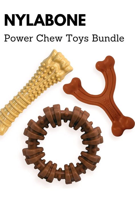 Challenge your aggressive chewer with these durable dog toys made from tough nylon for long-lasting chewing fun. The bison and peanut butter flavors and textured design will keep your pups entertained for hours. Bundle includes 3 of Nylabone's most popular Power Chew Toys for dogs: the Textured Dog Chew Ring, Wishbone Dog Chew, and Classic Bone Shape. #sponsored Dog Must Haves, Chew Toys For Dogs, Savory Bacon, Dog Toys For Aggressive Chewers, Peanut Butter For Dogs, Dog Dental Health, Tough Dog Toys, Toys For Dogs, Best Dog Toys