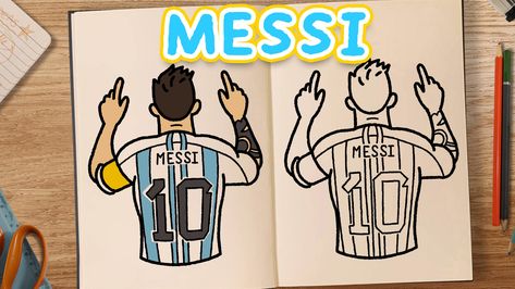 A sketchbook page with a simple coloured drawing of Lionel Messi the footballer in his Argentina kit, you can see the name on his shirt and his number 10. He is pointing to the sky in celebration, it's a how to draw guide Messi Drawing Easy Step By Step, How To Draw Messi Step By Step, How To Draw Messi, Messi Drawing, Draw And Colour, Football Drawing, Messi Videos, Learning To Draw, Creative Gifts For Boyfriend