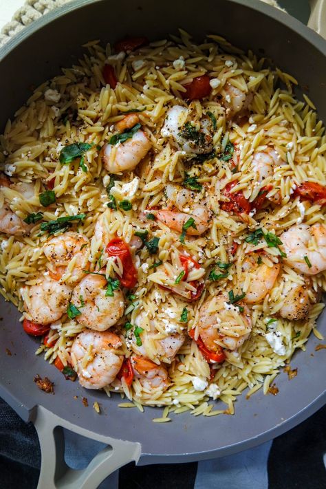 Orzo Recipes Healthy, Feta Orzo, Orzo Pasta Recipes, Shrimp Orzo, Mediterranean Recipes Healthy, Orzo Recipes, Shrimp Dinner, Feta Recipes, Macro Friendly Recipes