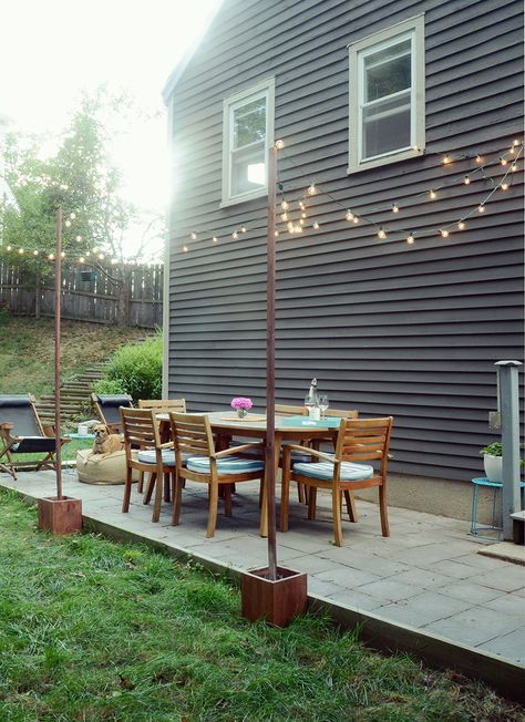 Light Posts, Small Patio Design, Outdoor Lighting Ideas, Diy Outdoor Lighting, Cheap Patio, Patio String Lights, Bistro Lights, Patio Style, Backyard Entertaining