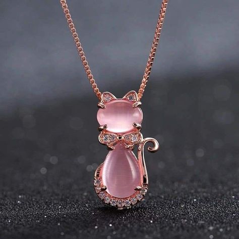 Pink Opal Jewelry, Opal Jewelry Necklace, Necklace Chain Types, Magical Jewelry, Rose Quartz Necklace, Cat Pendants, Cat Necklace, Cute Accessories, Fantasy Jewelry