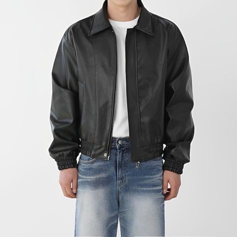 Lightly Cropped PU Leather Jacket - STREETBOY 🌏 www.beastreetboy.com Cropped Outfits, Leather Jacket Outfit Men, Mens Leather Jacket, Pu Leather Jacket, Leather Jacket Outfits, Men's Leather Jacket, Fall Clothes, March 27, Clothes Style