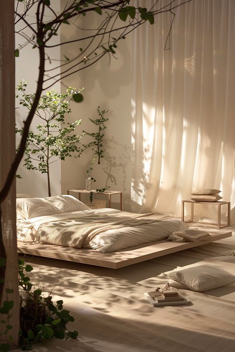 Minimal Room Ideas Aesthetic, House Furniture Aesthetic, Organic Room Aesthetic, Aesthetic One Bedroom Apartment, Subtle Interior Design, Natural Lighting Interior, Minimalist Room Plants, Bed On Floor Room Ideas, Home Bedroom Refresh Ideas