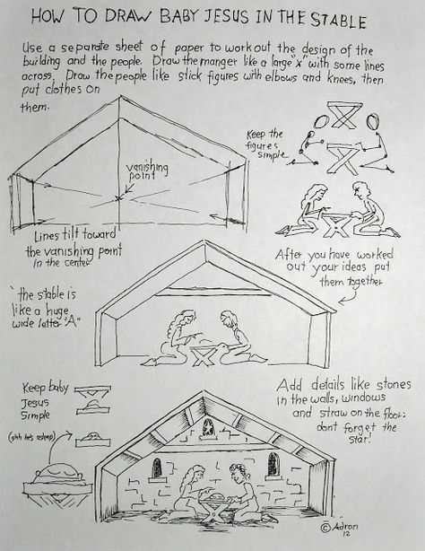 How to draw the baby Jesus in the stable worksheet Manger Drawing, Stable Drawing, Doodle 101, Baby Jesus Manger, Drawing Worksheets, Artist Christmas, Winter Art Lesson, Architecture Practice, Jesus Drawings