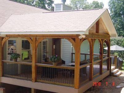 Covered Deck Design Ideas | Gabled roof open porch - Covered Porches Photo Gallery - Archadeck of ... Covered Deck Designs, Enclosed Deck, Open Porch, Gabled Roof, Relaxing Patio, Pergola Gazebo, Glass Doors Patio, Balkon Decor, Covered Porches