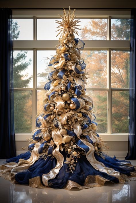 Royal Blue And Gold Christmas Decor, Royal Christmas Tree, Blue And Gold Christmas Tree, Tree Skirt Ideas, Christmas Ceiling, Blue And Gold Christmas, Christmas Banquet, Blue Christmas Tree Decorations, Glam Christmas Tree