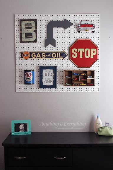 pegboard gallery wall, bedroom ideas, crafts, wall decor Race Car Bedroom, Car Themed Rooms, Baby Room Boy, Teen Boy Room, Cars Room, Perfect Gallery Wall, Car Bedroom, Toddler Boys Room, Kids Bedroom Sets