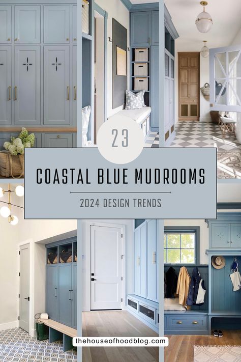 Are you designing or planning a mudroom renovation or install? Check out this post for our favorite coastal blue inspired mudroom ideas and designs! These are all super functional and beautiful! Drop Zone In Mudroom, Mud Room Blue, Mud Room Colors Scheme, Color Drenched Mudroom, Coastal Cabinet Colors, Mudroom Hardware, Coastal Mudroom Ideas, Wallpaper Laundry Room Ideas, Lakehouse Mudroom