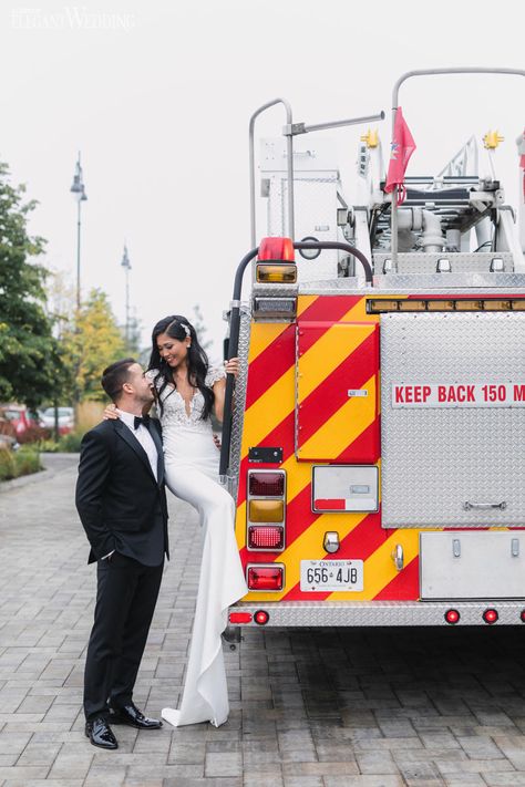 Firehouse Engagement Photos, Wedding Photo Ideas Firefighter, Fire Truck Wedding Photos, Fire Department Engagement Photos, Firefighter Wedding Photos, Fireman Wedding, Firefighter Wedding, Bridal Party Poses, Firefighter Love