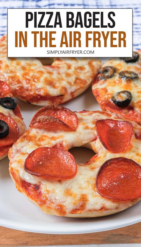 Want to make homemade pizza bagels in the air fryer? Ready in just minutes, these tasty pizza bagels can be topped exactly how you want them! Bagel Pizza Recipe Air Fryer, Pizza Bagel Air Fryer, Homemade Bagel Pizza, How To Make Pizza Bagels, Bagel Pizza Air Fryer, Air Fryer Bagel Pizza, What To Make With Bagels, Homemade Pizza Bagels, Air Fryer Pizza Bagels