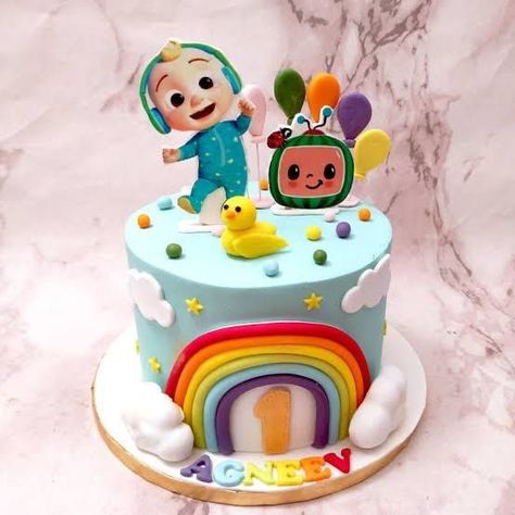 Cute Cocomelon Cake, Cake Designs Rainbow, Cocomelon Cake For Boys, Cake Cocomelon Theme, Rainbow Cake For Boys, Cocomelon Rainbow Cake, Cocomelon Cake Ideas For Girl, Bday Cake For Boys Kids, Cocomelon Cake For Girl