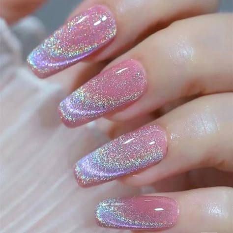 Nails, pink, iridescent Holographic Gel Polish, Glazed Donut Cat Eye Nails, Rainbow Cat Eye Gel Nails, Sparkle Cat Eye Nails, Acrylic Cat Eye Nails, Halo Cat Eye Nails, Summer Cateye Nails, Bright Cat Eye Nails, Holo Cat Eye Nails