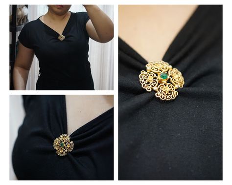 I came up with a post on 8 different ways to style or wear brooches! Check out the rest of the 8 ways in the link! Brooch Dress Outfit, Black Dress With Brooch, Brooch On Tshirt, Ways To Wear A Brooch, How To Wear Brooches Ideas, How To Wear A Broach Ideas, Ways To Wear Brooches, Brooch Wearing Ideas, How To Wear A Brooch Ideas