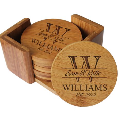 PRICES MAY VARY. FREE ENGRAVING - Customize your set with any name and optional year at NO EXTRA COST QUALITY - Set of 6 Coasters with holder - Genuine Bamboo Coasters permanently and beautifully engraved GREAT GIFT - Perfect for any man, woman or couple that loves to protect their tables with style 100% SATISFACTION GUARANTEED - Contact us and let us know if you have any questions - Your satisfaction is our TOP priority! This set of 6 Personalized Bamboo Coasters makes a wonderful wedding gift Personalized Wood Coasters, Custom Coasters Wedding, Personalized Coasters Wedding, Engraved Wood Coasters, Bamboo Coasters, Engraved Coasters, Laser Cut Wood Crafts, Laser Engraved Ideas, New Couple